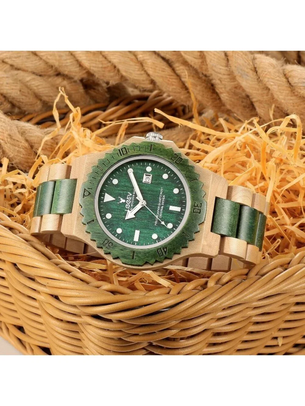 Men's Green Handcrafted Sandalwood Vintage Calendar Analog Wrist Wooden Watch